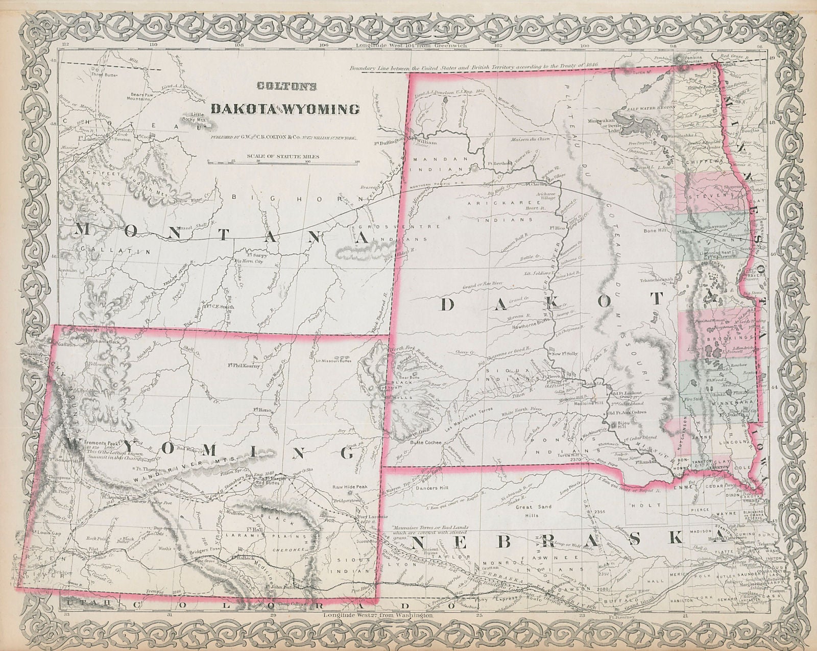 Colton's Dakota & Wyoming. Decorative antique US state map 1869 old